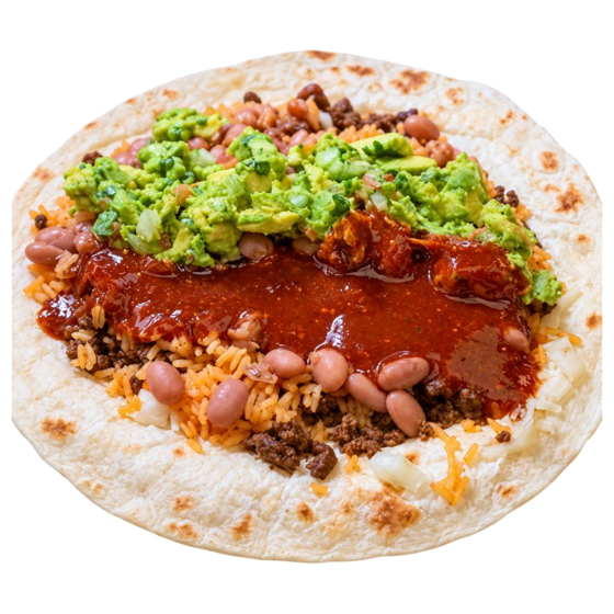 Guacamole Burrito Supreme, a burrito laid open to show the meat, beans, rice and guacamole