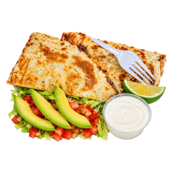Quesadilla Supreme cut in wedges with a side salad, avocado and sour cream